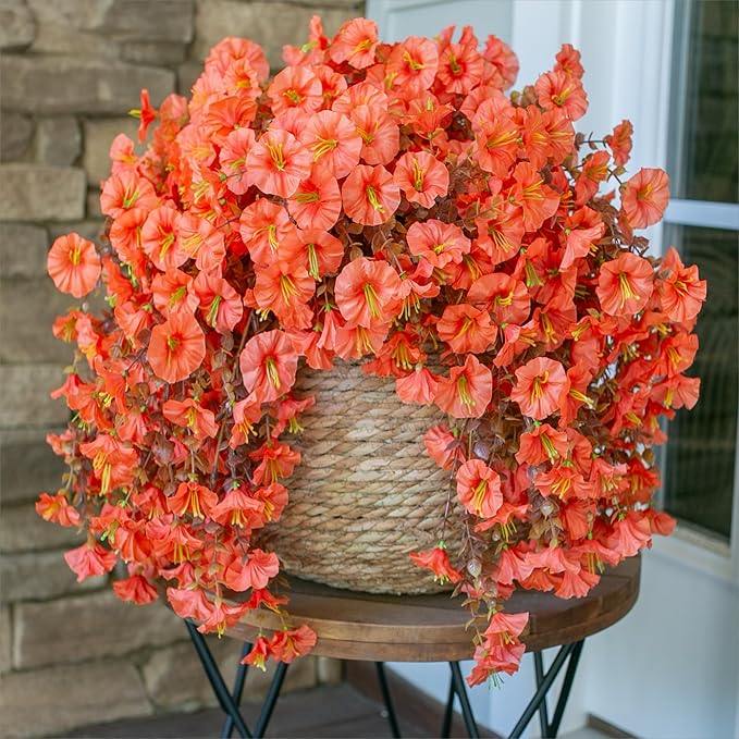 Fake Mums Artificial Fall Hanging Flowers for Outdoors Decoration, 2 PCS Fake Silk Morning Glory with Brown Eucalyptus UV Resistant Plants for Wall Home Porch Patio Balcony Yard Decor (Orange)