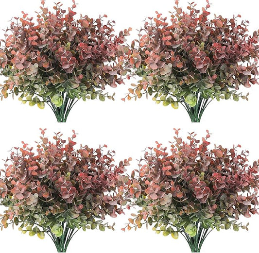 RECUTMS 12 Bundles Fake Bushes Artificial Plants Outdoor Faux Plant Eucalyptus Stems Fake Porch Plants for Farmhouse Bathroom Office Vase Centerpiece Indoor Outdoor Decor(Dusty Red)