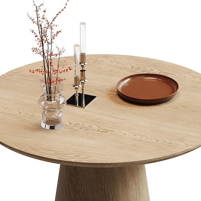 43'' Round Dining Table for 4, Modern Wood Farmhouse Kitchen Table with Sturdy Cylindrical Pedastal, Dinner Tables for Dining Room, Living Room Wood