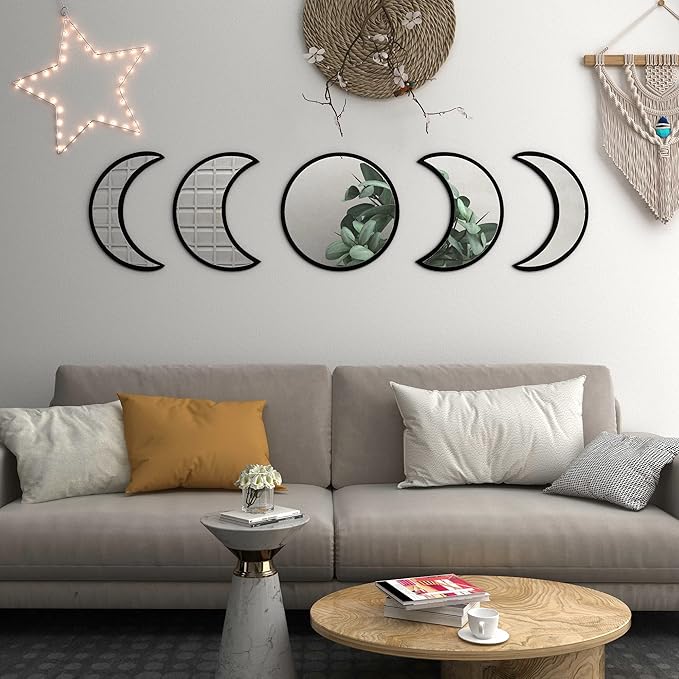 Stylish Moon Phase Wall Mirrors Set – 5-Piece Decorative Acrylic Bohemian Mirrors for Home Decor, Living Room & Bedroom Room(Black)
