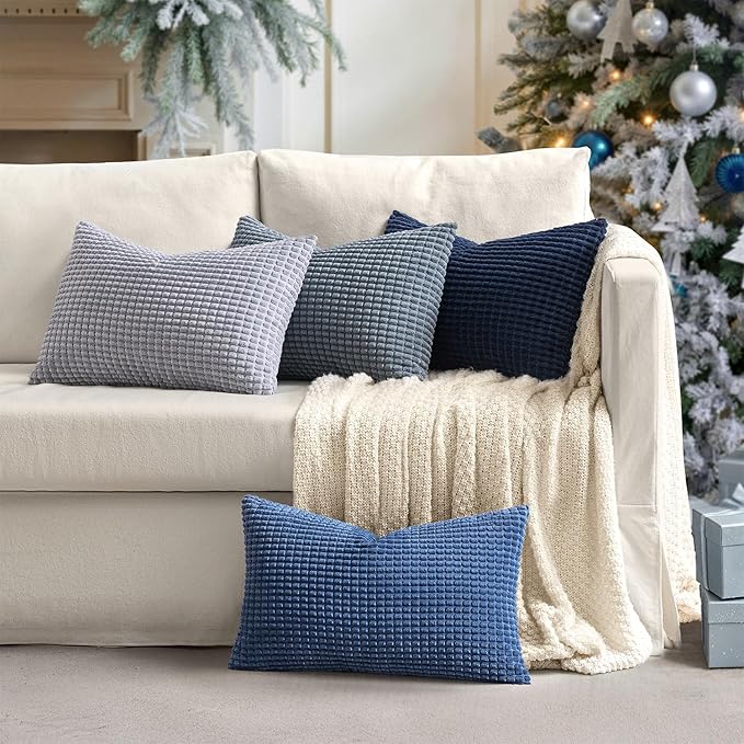 MIULEE Blue Decorative Lumbar Pillow Covers 12x20 Inch Set of 4 Boho Western Farmhouse Home Decor Couch Throw Pillows Summer Coastal Corduroy Pillowcases Industrial for Sofa Living Room Bed