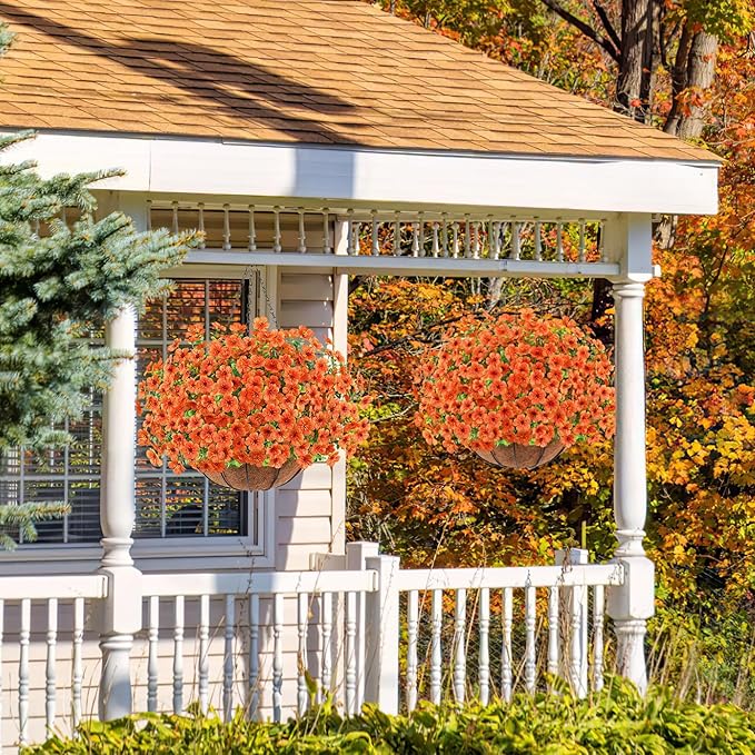 Artificial Fall Flowers Hanging Plants in Basket, Artificial Hanging Flowers for Autumn Outdoor Indoor Decor, UV Resistant Hanging Baskets with Fake Flowers for Fall Patio Garden Porch Deck Decoration
