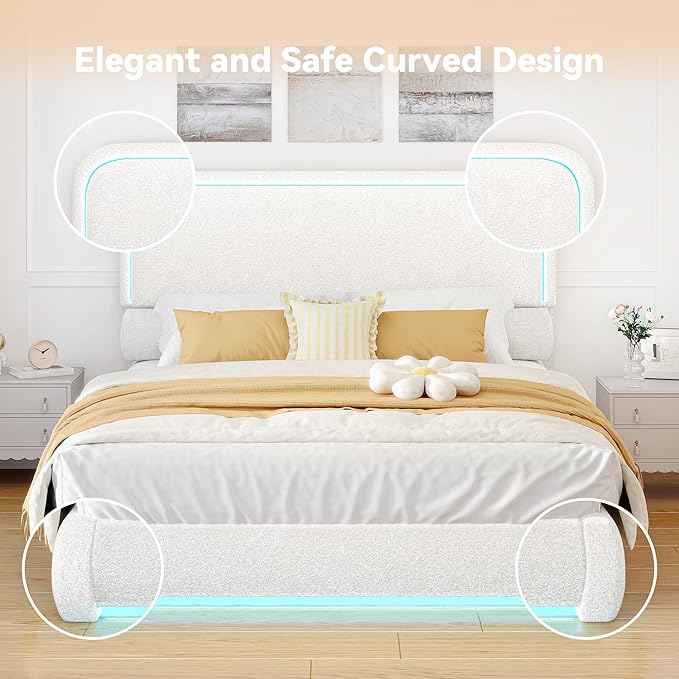 Torana Queen Marshmallow Bed Frame with Headboard and Footboard, Curved Shaped Cloud Upholstered Beds with LED Lights, Teddy Fleece Bedframe with Soft Rounded Corners and Strong Slats Support, Cream