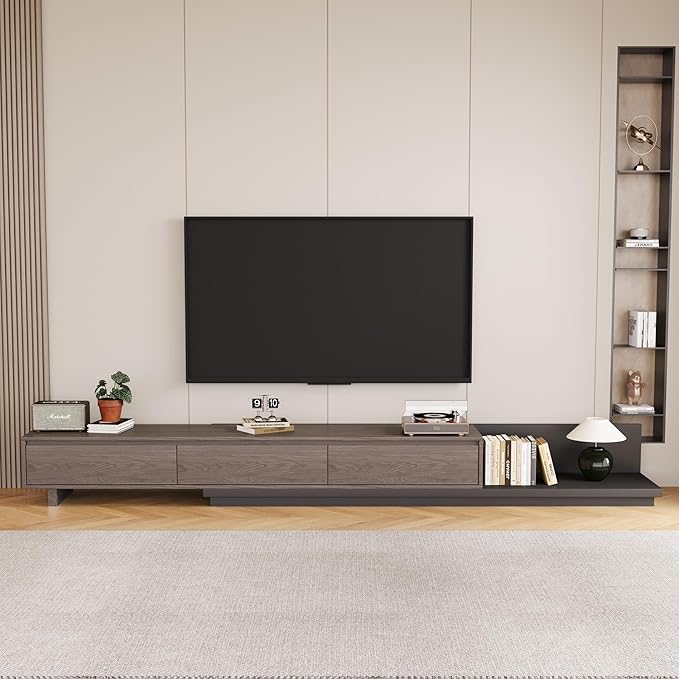 Mid-Century Modern Extendable TV Cabinet with 3 Drawers,Entertainment Center Adjustable from 78.7" to 130",TV Stand for Living Room,Black Walnut