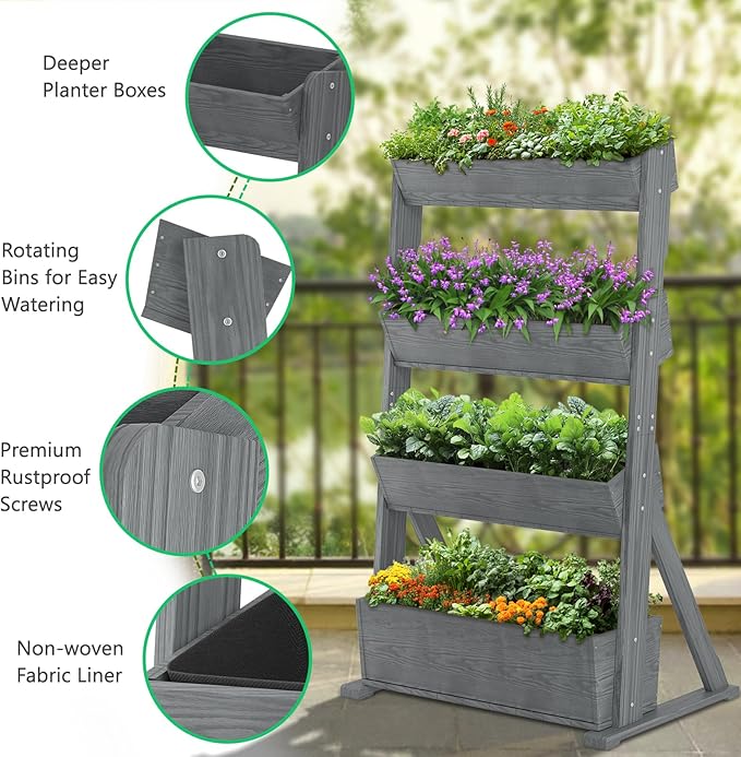 DoCred Vertical Wooden Raised Garden Bed, 4 Tier Garden Planters Freestanding Wood Plant Stand Flower Rack Wooden Planter Box for Plants Herbs Flowers Vegetables Outdoor Indoor Gardening