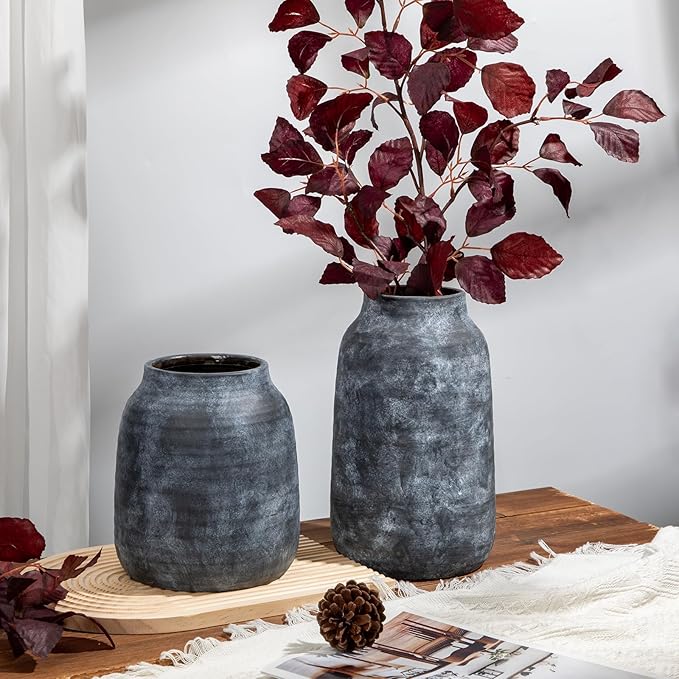 Briful 8.3in Rustic Large Ceramic Vase, Vintage Farmhouse Terra Cotta Pottery Pampas Vases for Home Living Room Kitchen Decor, LightSlateGray