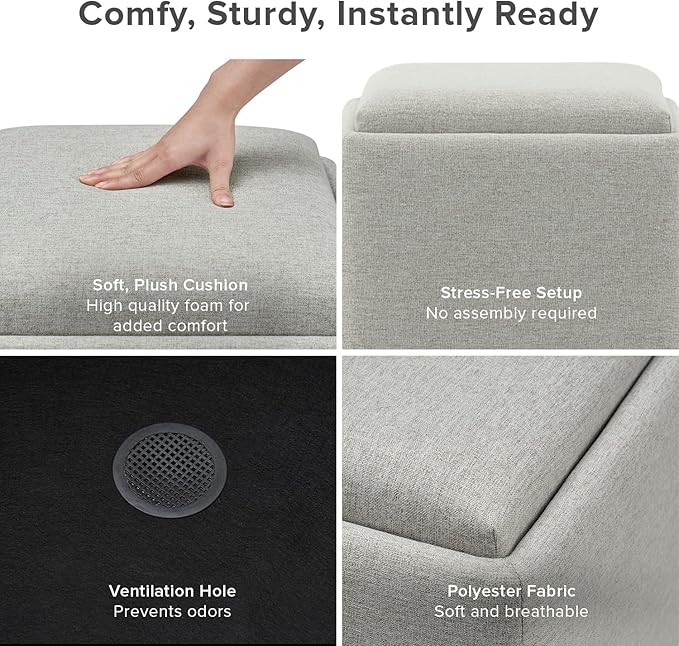 mopio Levi Storage Ottoman with Reversible Tray, Modern Square Chest Coffee Table, Upholstered Cube Sitting Foot Stools Ottoman for Living Room, Bedroom, Entryway (Fabric, Light Gray)