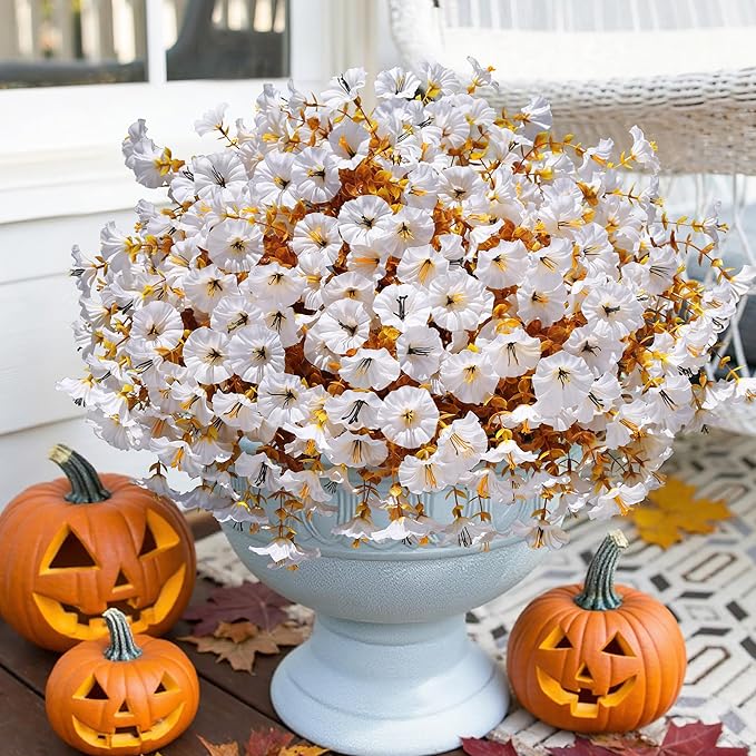 Fake Mums Fall Artificial Flowers Plants for Outdoors Autumn Decoration, 12 Bundles White Silk Morning Glory with Eucalyptus Realistic UV Resistant Faux Flowers for Outside Planter Yard Garden Porch