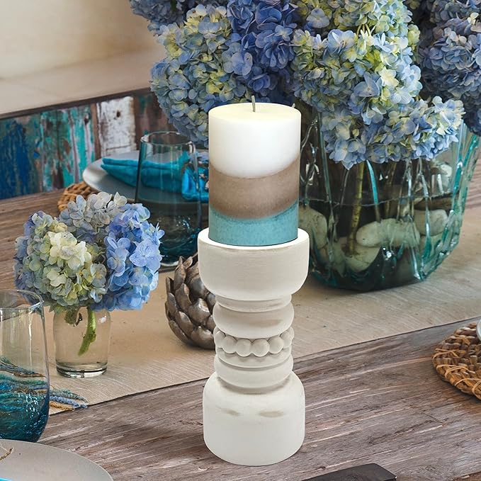 Farmhouse Rustic Wood Pillar Candle Holder, Decorative Beaded Candlestick Holder Stand for Home Decor, Gifts, Wedding (White)