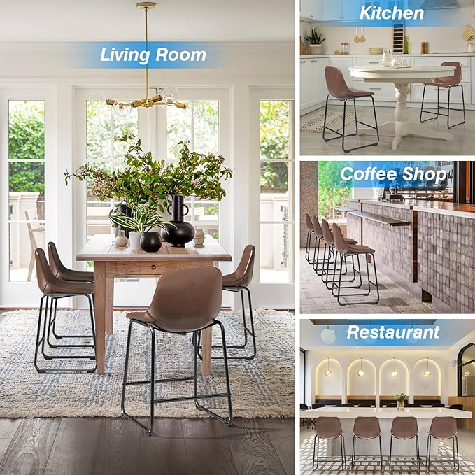 Rfiver Pu Faux Leather Bar Stools Set of 2, Industrial Pub Barstools with Back and Footrest, Modern Armless Bar Height Stool Chairs (Brown, 24" Counter Chair x2)