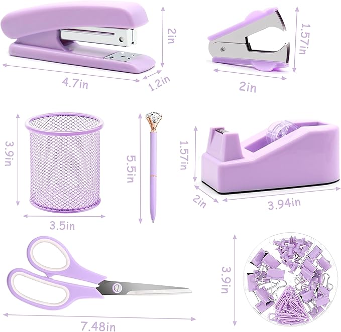 Purple Office Supplies, Purple Desk Accessories, Stapler, Staple Remover, Tape Holder, Pen Holder, Ballpoint Pen, Scissor, Binder Clips, Paper Clips and 1000pcs Staples.