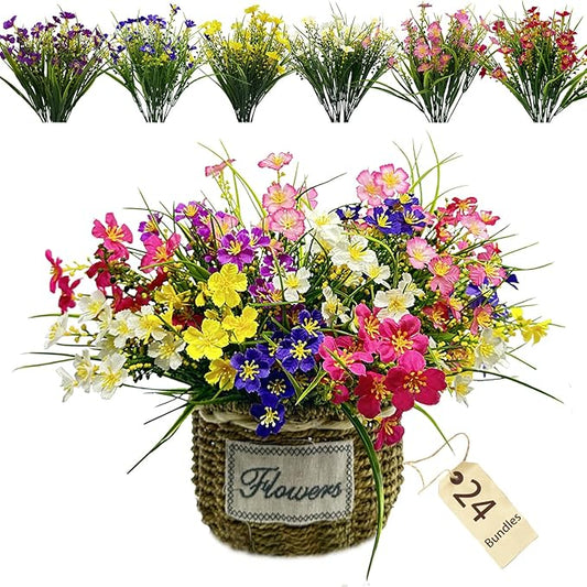24 Bundles Fake Outdoor Wild Flowers Lifelike UV Resistant Mixed Colors Artificial Flowers for Indoor Outside Hanging Planters Garden Home Office Decor