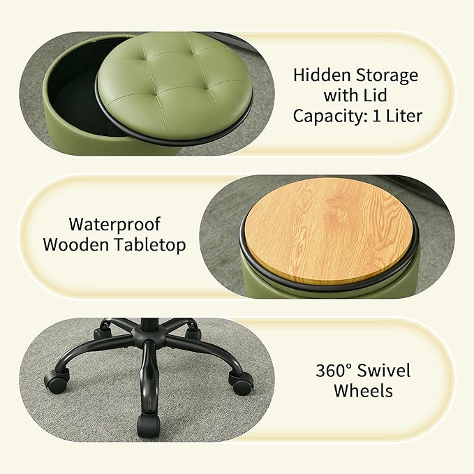 Salon Chair (Stool & Small Table in One) (Teacher Stool Adjustable Height 20.67"-24.61"), Green Vanity Chair with Storage