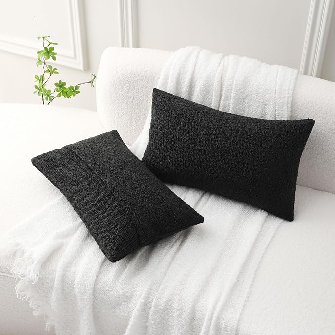 FUTEI Pack of 2 Black Decorative Throw Pillow Covers 12x20 Inch Soft Cozy Solid Boucle Textured Lumbar Pillow Cases,Modern Home Decor for Couch Bed Living Room