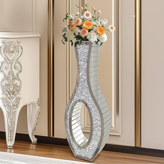 Elegant Glam Mirror Vase: Silver Glass Mirrored Vase Floor-Standing, 30.1 inches High Bling Crystal Living Room Centerpiece for Home Luxury Decor, Won't Hold Water