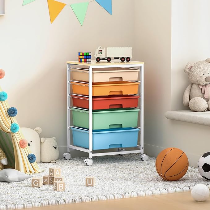 Craft cart,Rolling Cart with Drawers,Storage Cart with 5 Drawers and Wooden Tabletop for Under Desk Organizers and Storage,Macaron