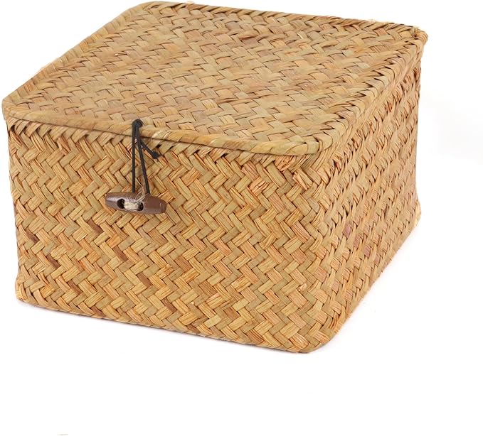 Wicker Shelf Baskets with Lid, Handwoven Seagrass Storage Basket Bins Square Gift Boxes for Shelves Home Decor Organizer (Natural, X-Small)