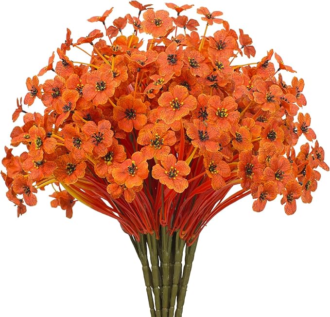 15 Bundles Artificial Flowers UV Resistant Outdoor Plants No Fade Faux Plastic Shrubs Fake Silk Flowers Window Box Garden Porch Home Decoration(Deep Autumn Orange)