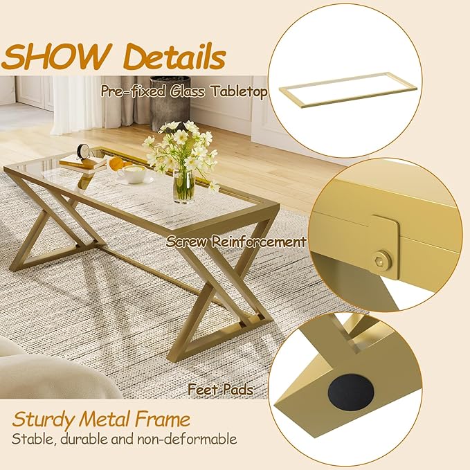 Coffee Table Gold Glass Coffee Table for Living Room,Modern Rectangular Center Table with Sturdy Metal Frame,Tempered Glass Table Tea Tables for Bedroom Home Office