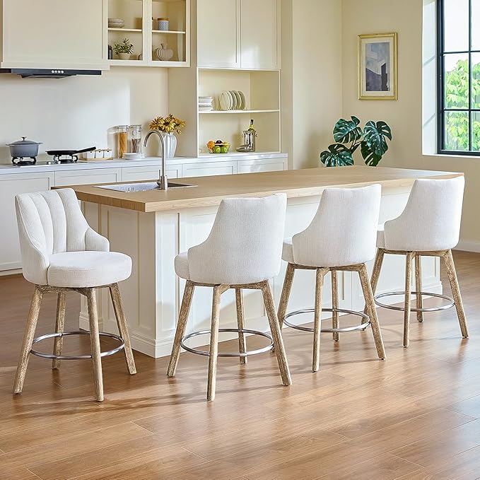 IWOOD Counter Height Bar Stools,Swivel Bar Stools with Backs,Barstools Set of 4,26'' Solid Wood Legs,Thick Seat Upholstered Linen Fabric Counter Height Stools in Beige
