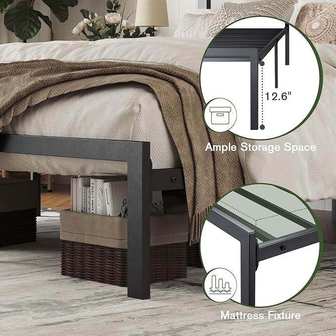 MUTICOR Queen Size Metal Platform Bed Frame with Shelf Headboard, No Box Spring Needed, Easy Assembly, Black Shelf