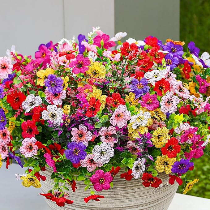 SHareconn 48 Bundles Artificial Flowers for Outdoors, Faux Plants Fake Silk Colorful Daisy Eucalyptus Lavender, UV Resistant for Outside Home Porch Patio Spring Decor, RedRosyPurpleYellowPinkWhite