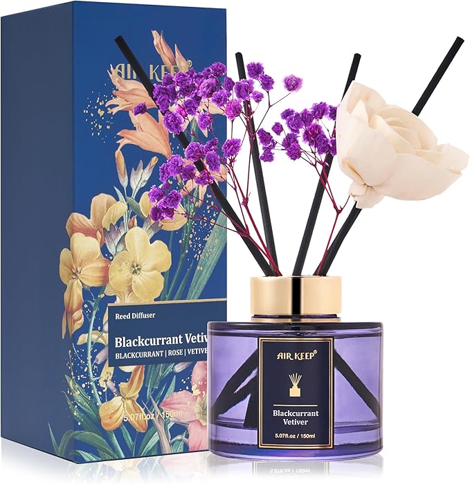 Airkeep Flower Reed Diffusers Set, 5.07 oz Blackcurrant Vetiver Scented Oil Diffuser with 8 Reed Sticks, Home Fragrance Diffuser Gift Set for Bathroom & Office Decor 150ml