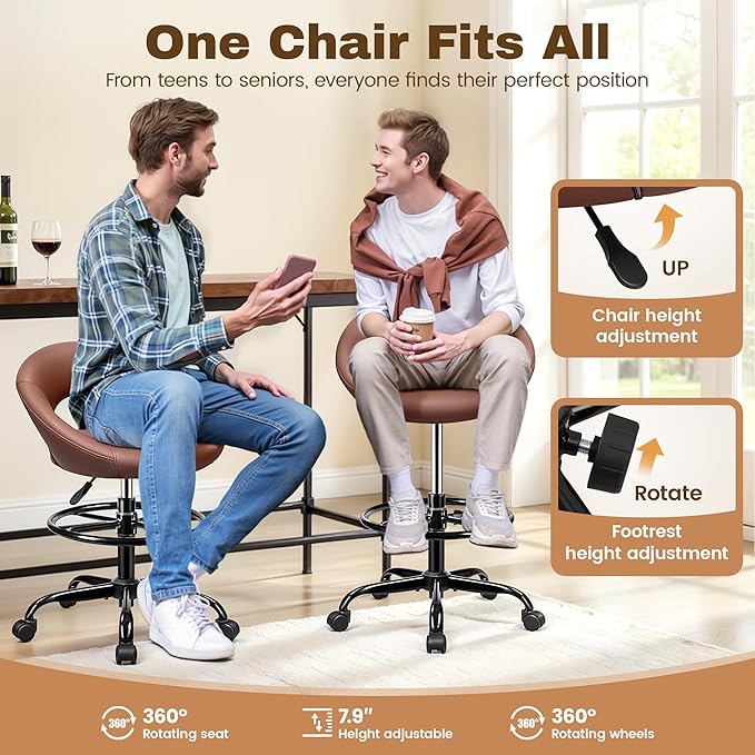 Drafting Chair with Back, Height Adjustable Rolling Stool with Foot Rest, Tall 360° Swivel Stool PU Leather Chair with Wheels for Home Office, Standing Desk, Brown