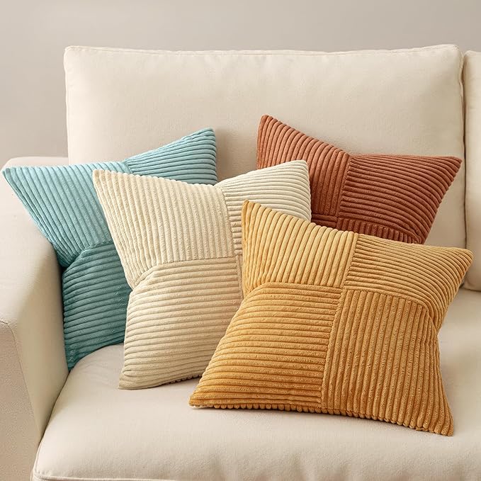 MIULEE Boho Farmhouse Fall Decorative Throw Pillow Covers 18x18 Inch 4 Packs Soft Vintage Pillow Cases Modern Corduroy Patchwork Cushion Covers for Couch Sofa Bed Home Decor, Teal-Rust