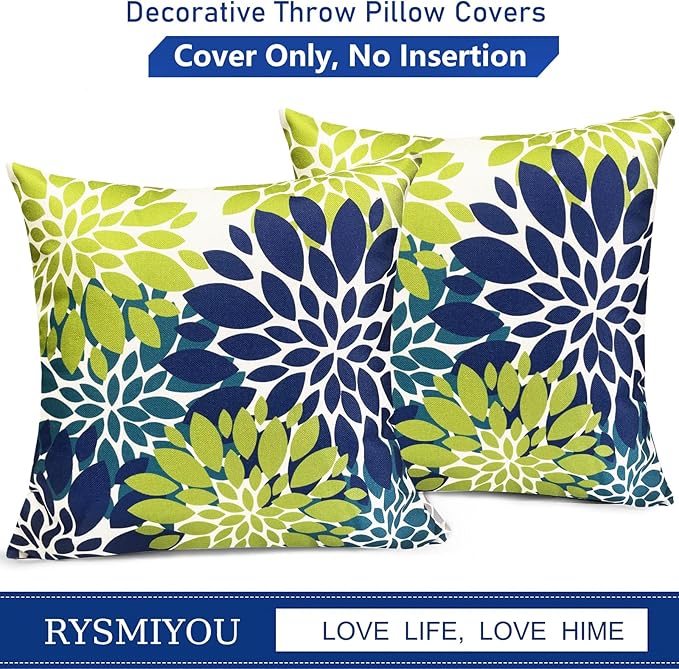 Decorative Throw Pillow Covers Set of 2 Blue Green Pillow Covers 16x16 Inch Couch Pillow Covers for Sofa Living Room Outdoor Throw Pillow Cover Linen Floral Flower Farmhouse Pillowcase