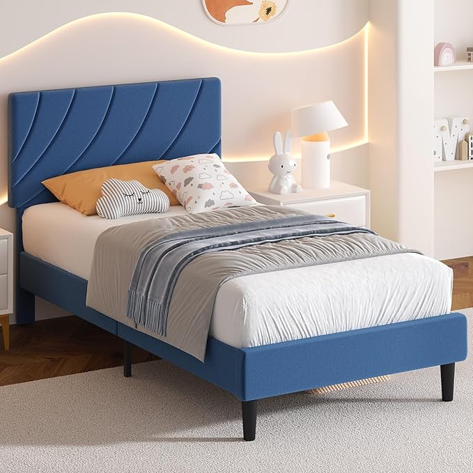 HOMBCK Twin Bed Frames, Bed Frame Twin with Linen Fabric Upholstered Headboard and Wooden Slats Support,Adjustable Headboard, No Box Spring Needed, Noise-Free, Easy Assembly, Blue