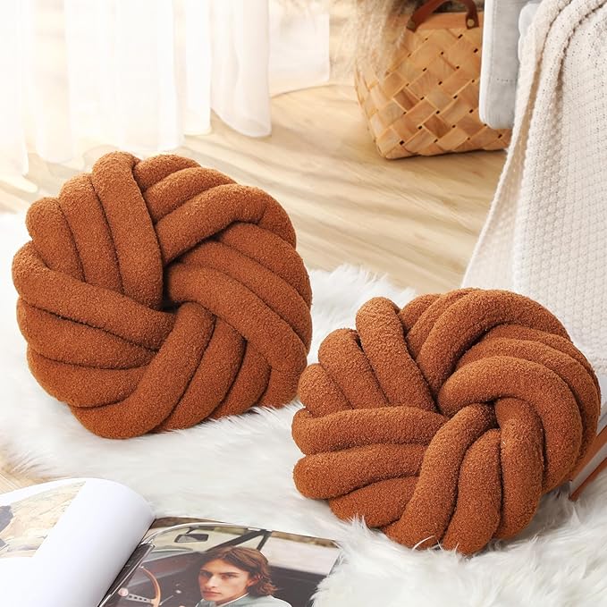 2 Pieces Knot Ball Pillows 14 x 14 Inch Decorative Pillow for Couch Bedroom Plush Throw Knot Pillow Soft Handmade Chair Cushion for Living Room Car Decorations (Caramel)