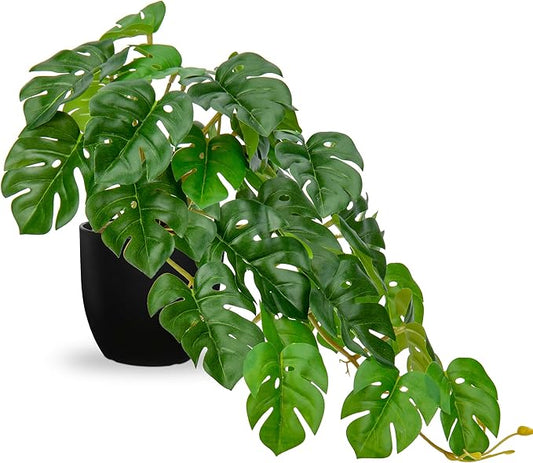 DILATATA Fake Plants Indoor 8 Inch Artificial Monstera Plant in Black Plastic Pot - Faux Potted Tropical Palm Plant for Home Aesthetic Decor Living Room Shelf Office