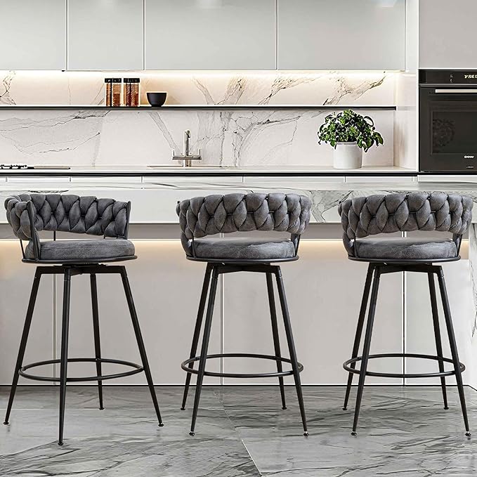 Grey Bar Stools Set of 3, 28 Inch Counter Height Bar Stool with Metal Legs, 360° Swivel Barstools with Woven Back Leather Upholstered, Modern Chair for Kitchen Island, Cafe