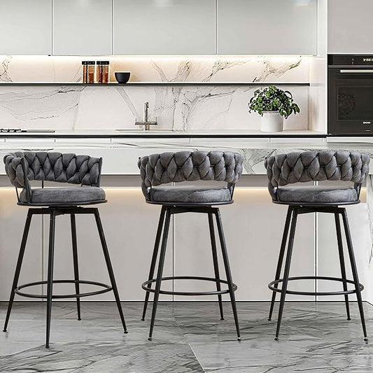 Grey Bar Stools Set of 3, 28 Inch Counter Height Bar Stool with Metal Legs, 360° Swivel Barstools with Woven Back Leather Upholstered, Modern Chair for Kitchen Island, Cafe