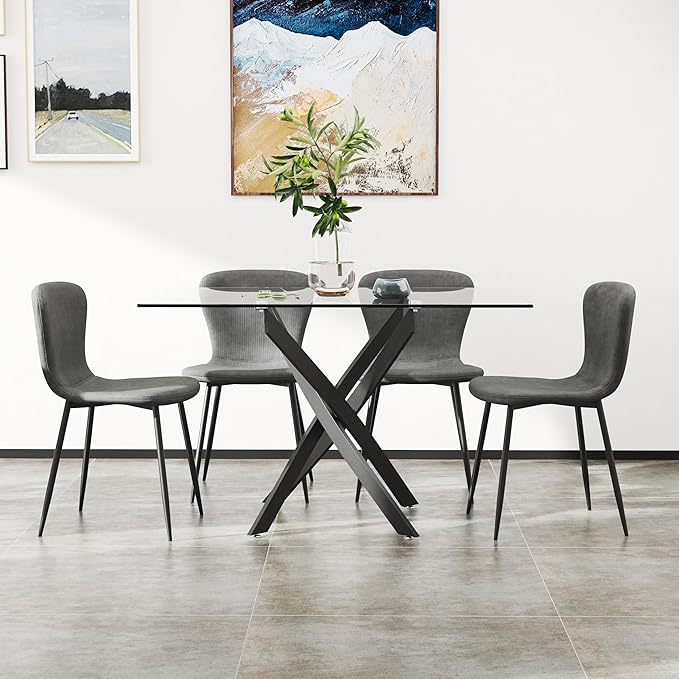 Tempered Glass Dining Table 48 Inch Mordern Rectangular Kitchen Table with Black Metal Legs for Dining Room Kitchen