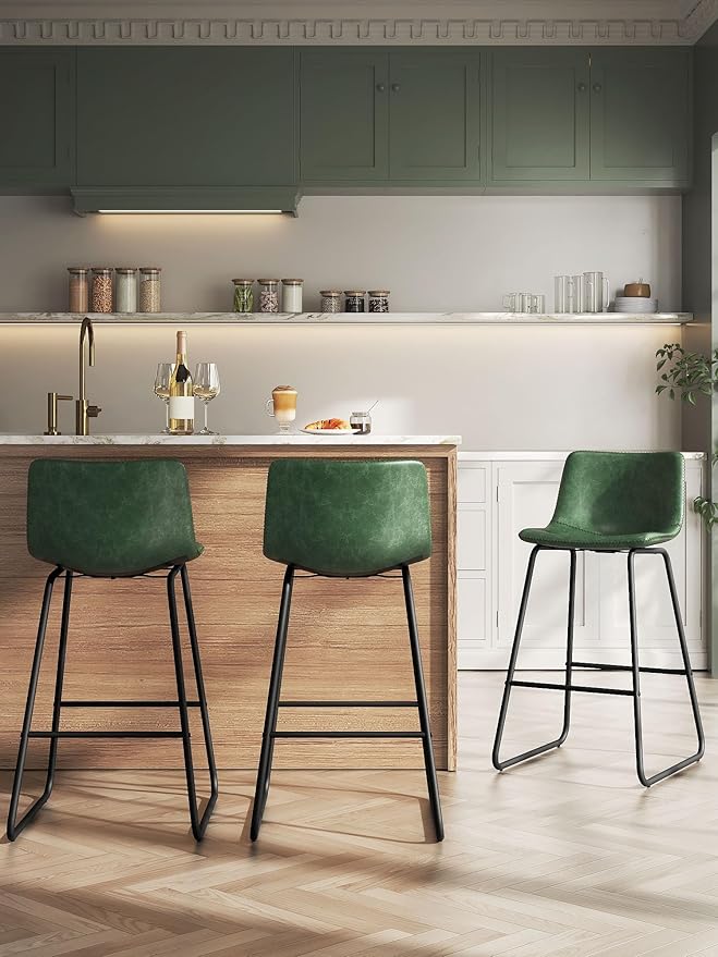 Bar Stools Set of 4, 26 Inches Counter Height Barstools with Back, Modern Faux Leather Bar Stool with Metal Legs and Footrest, Bar Chairs for Kitchens Island (Green)