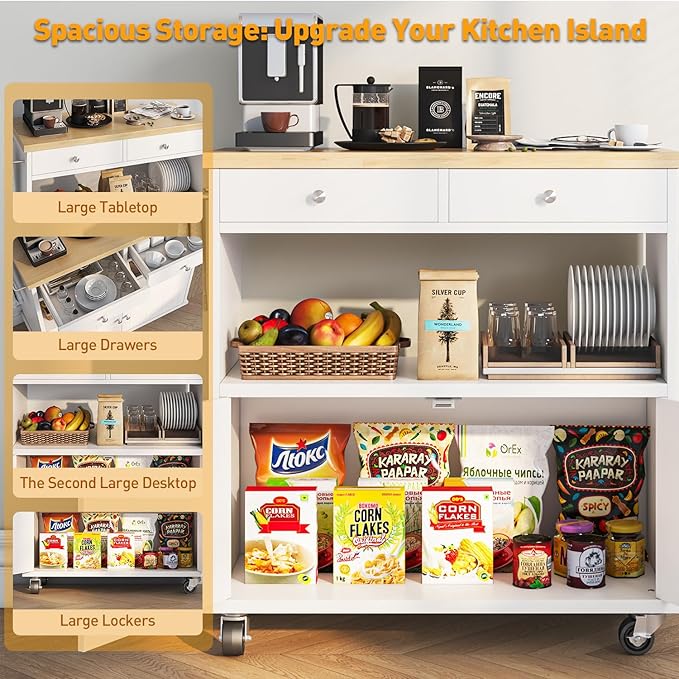 Rolling Kitchen Island with Storage Cabinet, 35.4'' Width Kitchen Cart, 2 Drawers Island Table, Portable Mobile Kitchen Island with Towel Rack, Wood Top and Lockable Wheels, White