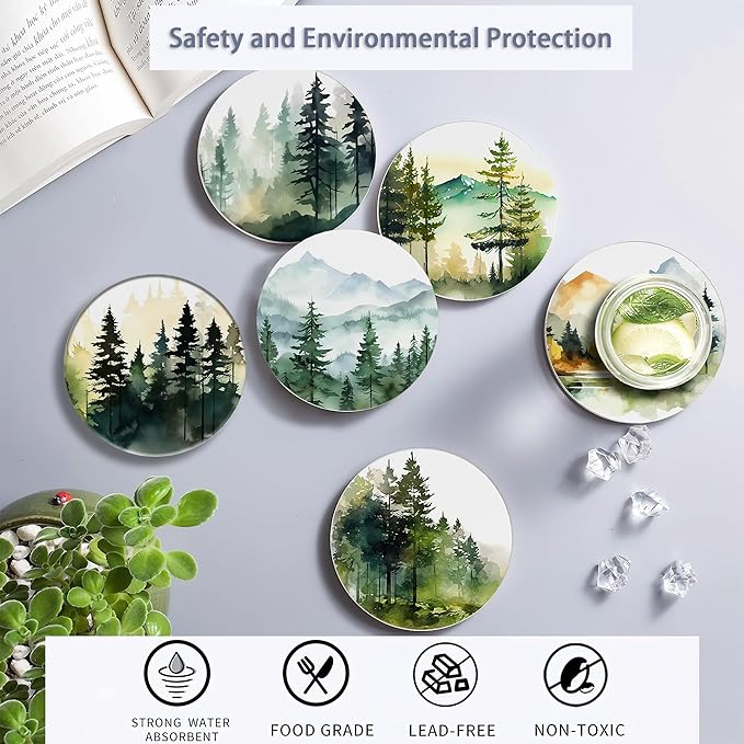 Table Coaster for Drinks Set of 6, Watercolor Misty Forest Round Ceramic Coasters,with Cork Base and Metal Holder,Great Housewarming Birthday Gifts,Home Decor