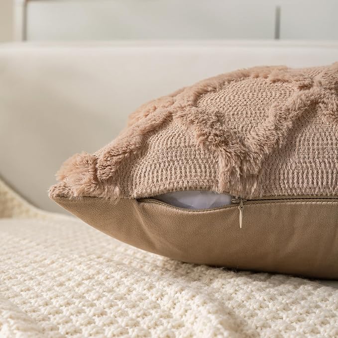 Set of 2 Soft Moroccan Throw Pillow Covers 24x24 Inch Plush Boho Decorative Pillow Cover Accent Cushion Case for Couch Sofa Bed, Light Brown