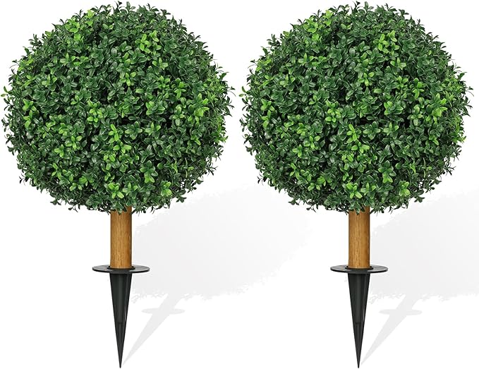 25.6'' Artificial Plants Outdoor with Spike, UV Resistant Boxwood Topiary Ball Fake Plants, Outdoor Faux Plants for Balcony Yard Garden Entryway Front Door Decor Home Decor Porch Decor, 2 Pack