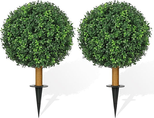 25.6'' Artificial Plants Outdoor with Spike, UV Resistant Boxwood Topiary Ball Fake Plants, Outdoor Faux Plants for Balcony Yard Garden Entryway Front Door Decor Home Decor Porch Decor, 2 Pack