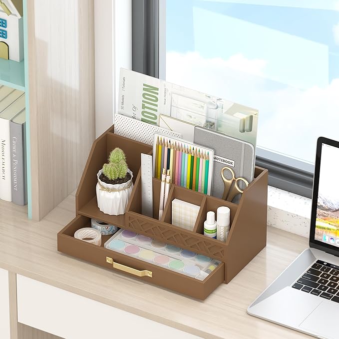Bamboo Desk Organizer with Drawers, Mail Organizer Countertop Wood Desk Drawer Tabletop Storage Organization Pen Holder Letter Sorter Makeup Organizer for School Home Office (Brown)