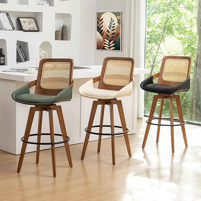 Bar Height Bar Stools Set of 2 - 29.5 inch Mid Century Modern Bar Stools with Cane Back, Curved Arms, Faux Leather Upholstered Seat, Rattan BarStools for Island/Pub/Kitchen (30" Seat Height, Beige)