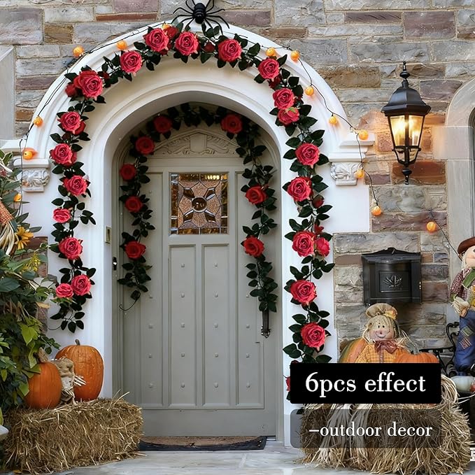 Felice Arts 2 Pack Artificial Burgundy Flower Head Garland Each 6.7FT Fake Rose Vine Hanging Rose Garland for Thanksgiving Day Door Stairs Table Centerpiece Arrangement Wall Decor