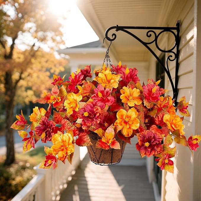 Artificial Fake Fall Hanging Flowers with Basket for Outdoors Decoration 3PCS Faux Fall Flowers for Outdoor Planters UV Resistant No Fade Silk Hibiscus for Home Porch Patio Garden Balcony Yard Decor