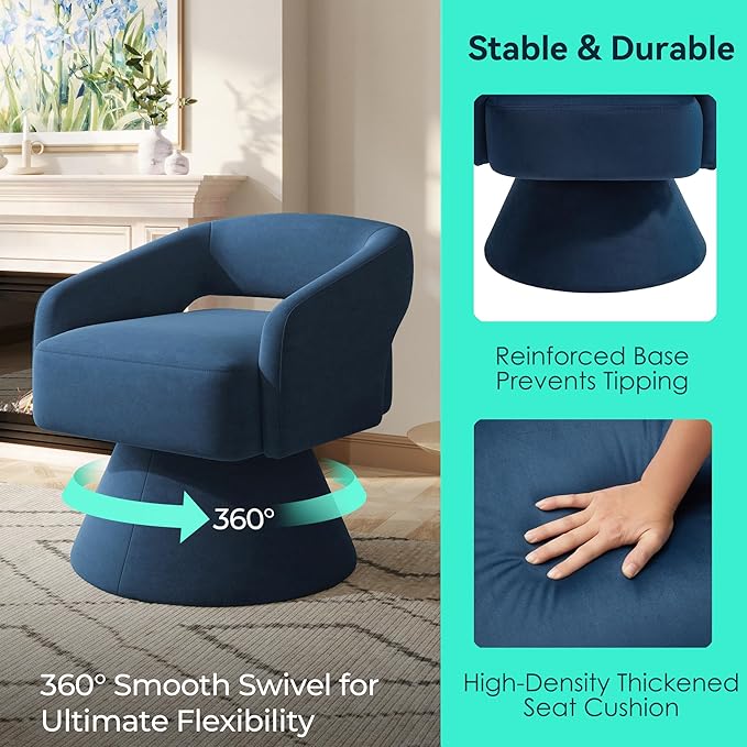LINSY Swivel Barrel Chair, 360° Modern Swivel Accent Chair with Arms, Boucle Swivel Chair Blue Velvet Chairs for Bedroom Living Room Small Spaces