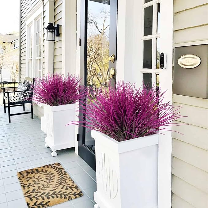 RECUTMS 12 Bundles Artificial Grass Fake Plants Outdoor Fake Grass UV Resistant Greenery Plastic Plants for Home Window Garden Office Patio Hanging Planter Pathway Front Porch Décorr(Fuchsia)