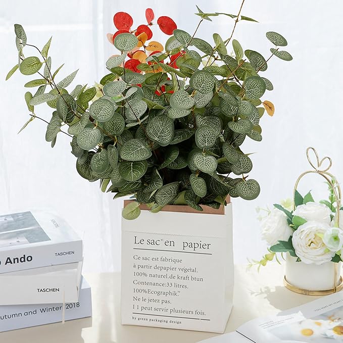 6 Bunches Artificial Eucalyptus Stems 24" Faux Eucalyptus Leaves Branches Silk Fake Green Foliage Artificial Plants Greenery for Flower Arrangement Home Wedding Party Decoration