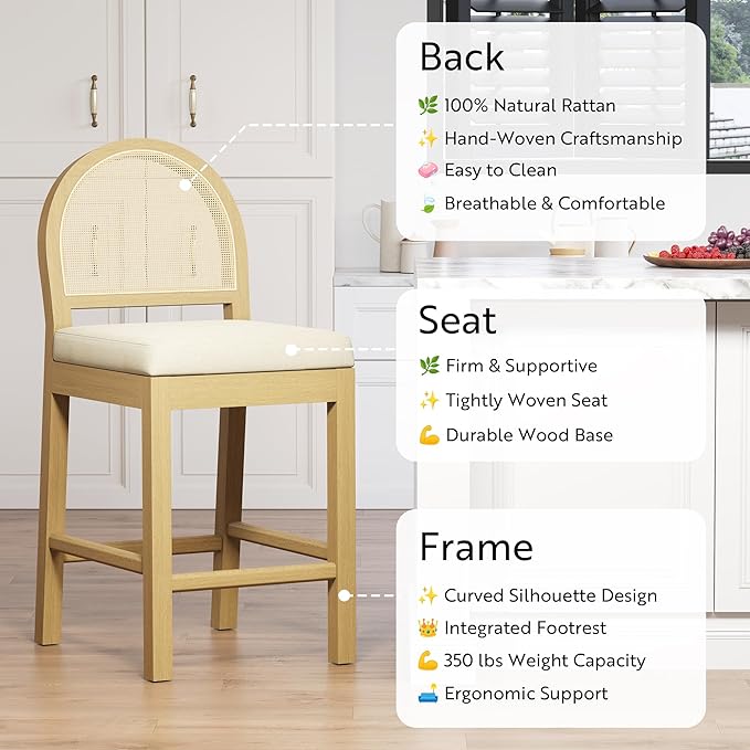 STHOUYN Upholstered Rattan Bar Stools Set of 2, Wooden Counter Height Stools with Natural Rattan Woven Back and Chenille Seat, Mid-Century Modern Island Chairs Barstools for Kitchen (2, Cream White)